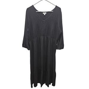 J.Jill Black Tiered Smocked Maxi Dress Petite Large Elastic Cuff Sleeves